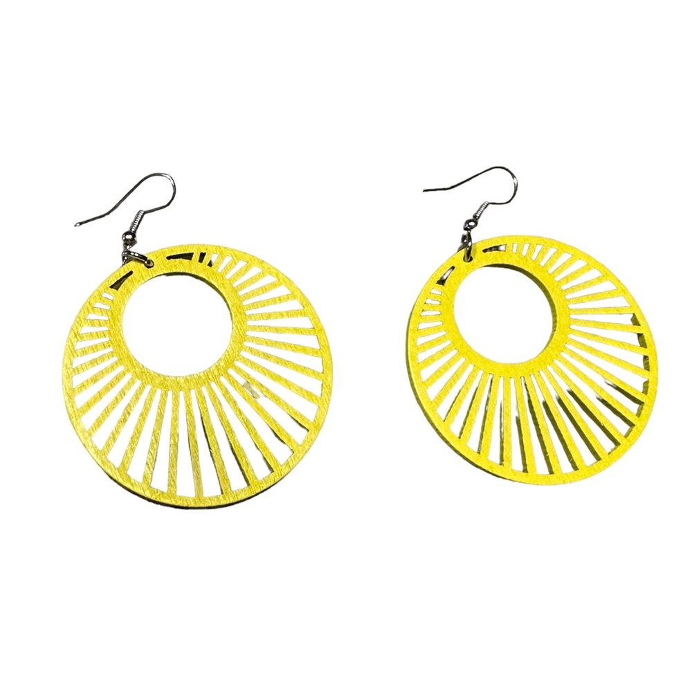 Boho Cut Wood Round Design Yellow Drop Earrings